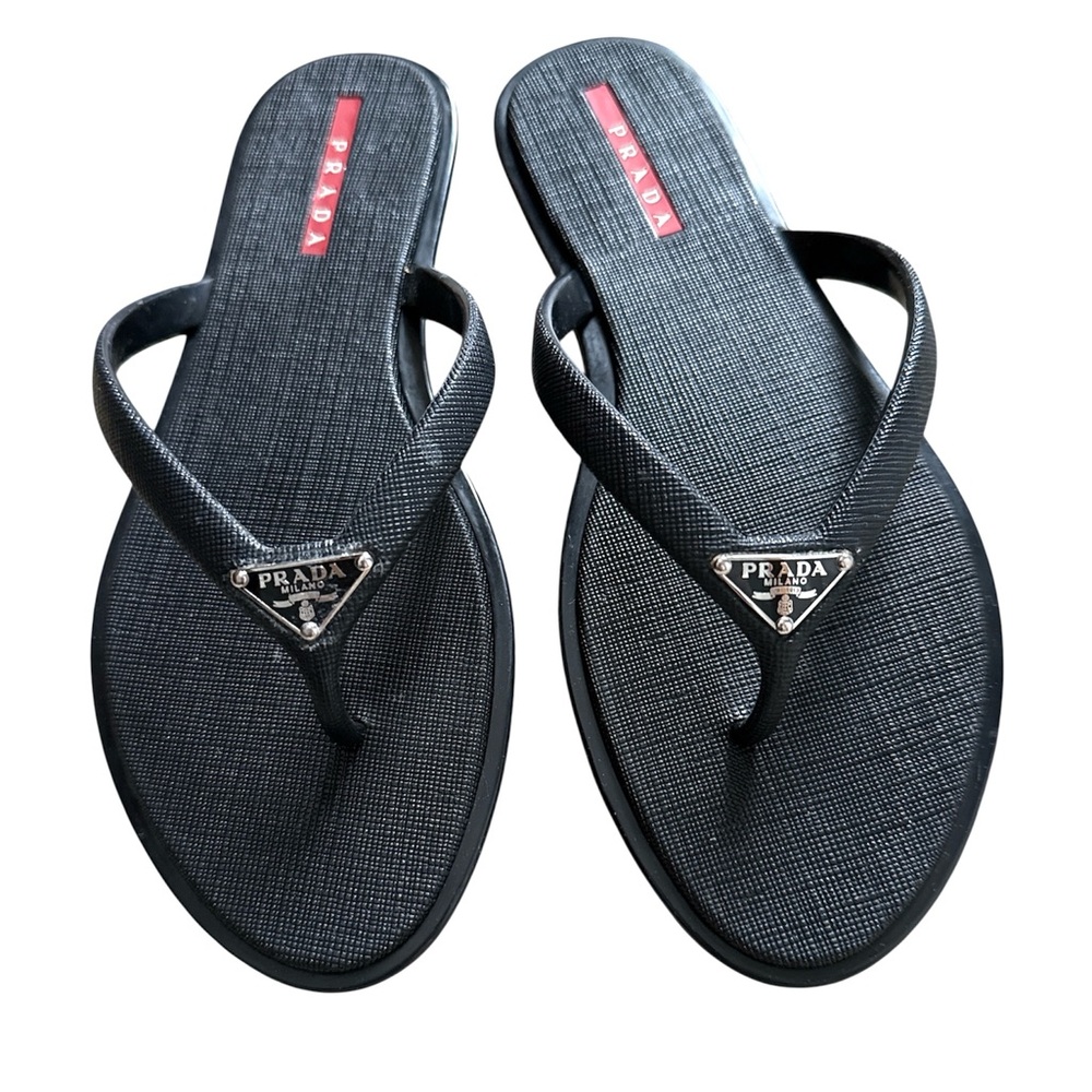 Prada Black Textured Thong Sandals with Silver Triangle Logo
